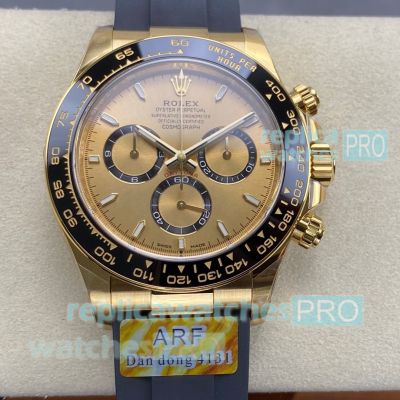 ARF Swiss 4131 Replica Gold Rolex Cosmo Daytona Champagne Dial Black Rubber Watch 